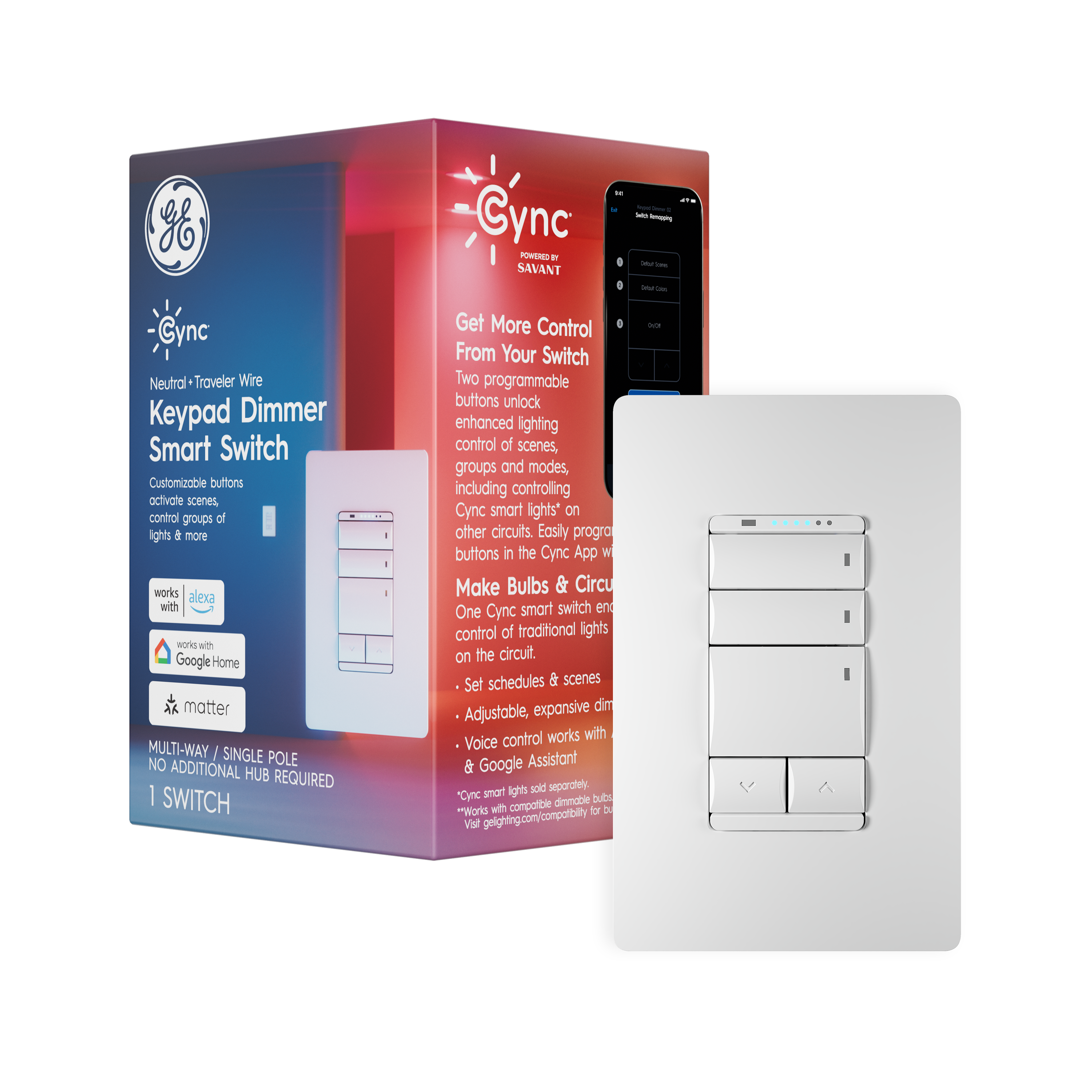 GE Cync Keypad Dimmer Switch, Neutral + Traveler Wire (1-Pack)